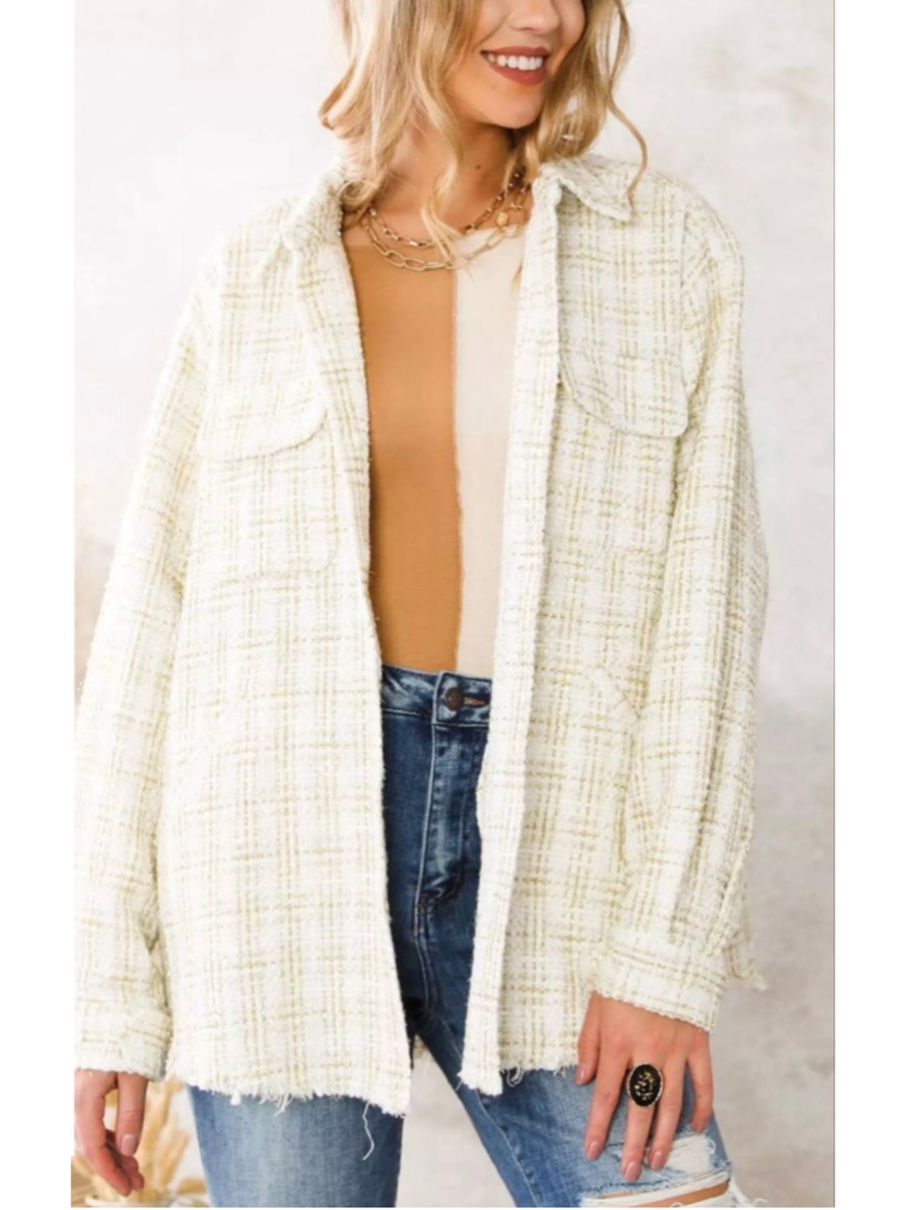 Willow & Root Cream Gold Tinsel Tweed Plaid Frayed Shacket M
